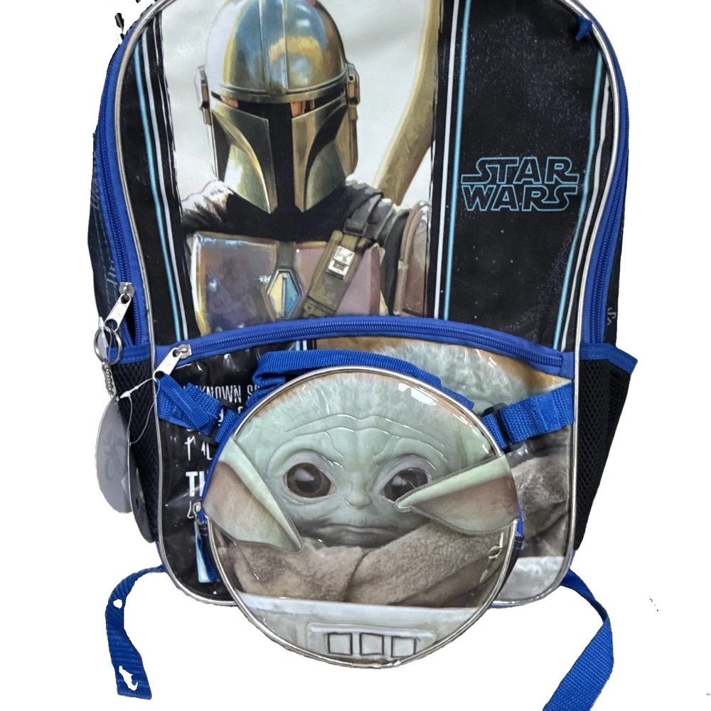 Star Wars Mandalorian & The Child Large Backpack Black/Blue Zip Padded Pocket
